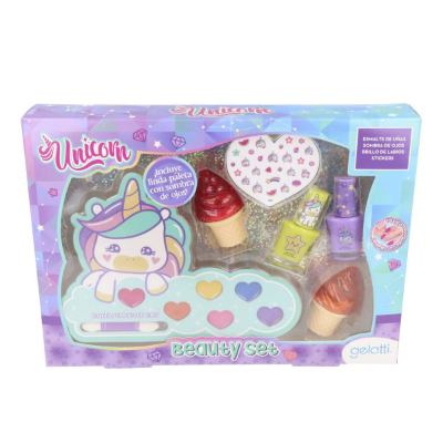 Imagen de ESTUCHE UNICORNIO 2 ESMALTES + 2 GLOSS HELADO + PALETA SOMBRAS + STICKERS